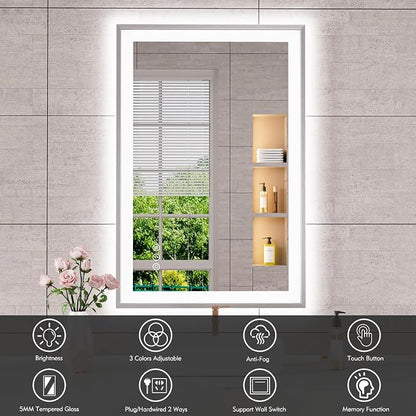 24x36 Inch Silver Frame LED Mirror for Bathroom | Silver Metal Frame, Front and Backlit, 3 Colors, Dimmable, Memory, Anti Fog, Tempered Glass, Lighted Mirror for Wall