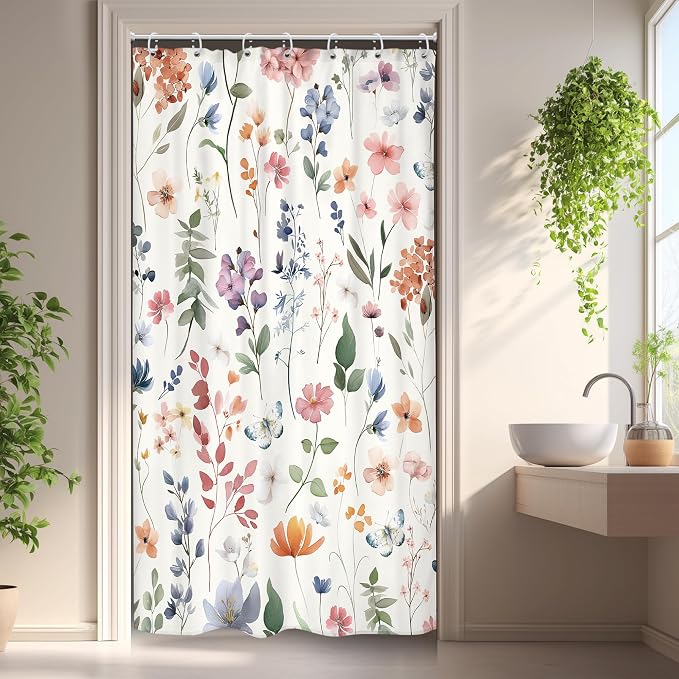 Small Stall Boho Pink Floral Colorful Natural Bathroom Shower Curtain Set | 36"W x 72"H Watercolor Butterfly; waterproof HD print, quick-dry fabric and plastic hooks for easy setup.
