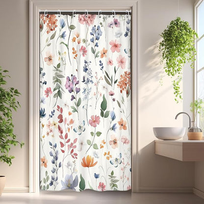 Small Stall Boho Pink Floral Colorful Natural Bathroom Shower Curtain Set | 36"W x 72"H Watercolor Butterfly; waterproof HD print, quick-dry fabric and plastic hooks for easy setup.