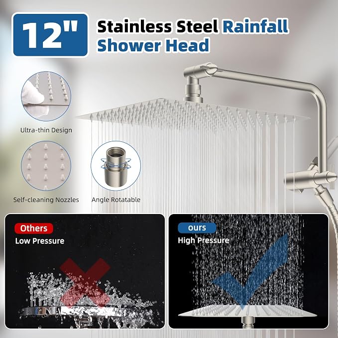 12" Metal Rainfall Shower Head with 10-Mode Handheld, Brushed Nickel | NSF/ANSI/CAN 372 Certified, High Pressure Showerhead Combo with 11" Adjustable Shower Arm, 71" Hose, Shower Head Holder
