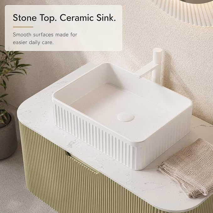 36 Inch Bathroom Vanity with Sink, Floating Wall Mounted Single Sink Vanity, Sage Green Curved Fluted Front, Stone Top, White Textured Rectangular Vessel Basin, Pre-Assembled