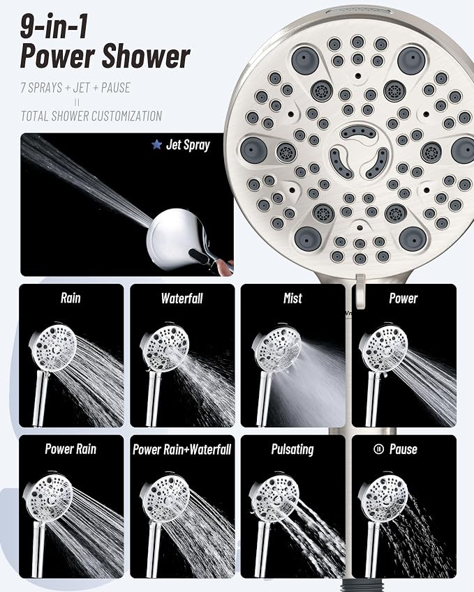 Filtered Handheld Shower Head for Hard Water, High Pressure Showerhead with 7 Spray Modes, Power Jet & Pause, Detachable & Adjustable for Healthier Skin & Hair - Brushed Nickel (VMASSTONE HM-003)