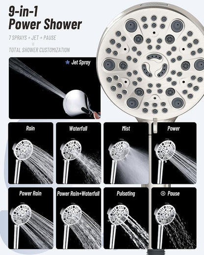 Filtered Handheld Shower Head for Hard Water, High Pressure Showerhead with 7 Spray Modes, Power Jet & Pause, Detachable & Adjustable for Healthier Skin & Hair - Brushed Nickel (VMASSTONE HM-003)