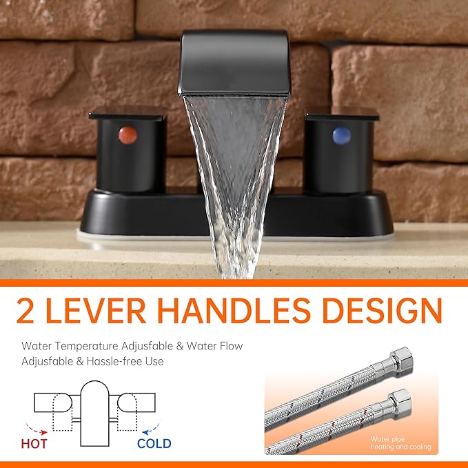 Waterfall Bathroom Sink Faucet 4 Inch Faucet 2 Handle Lead-Free Black, Bathroom Faucet with Water Supply Lines Pop Up Drain, 2 or 3 Holes Bathroom Basin Lavatory Mixer Tap with Deck Mount Plate