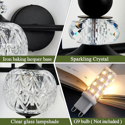 Vintage Bathroom Light Fixtures Black Vanity Light with Glass Globe LampShade 2 Lights Mid Century G9 Bulb Wall Sconce Indoor Vanity Light Over Mirror for Kitchen Bedroom Farmhouse