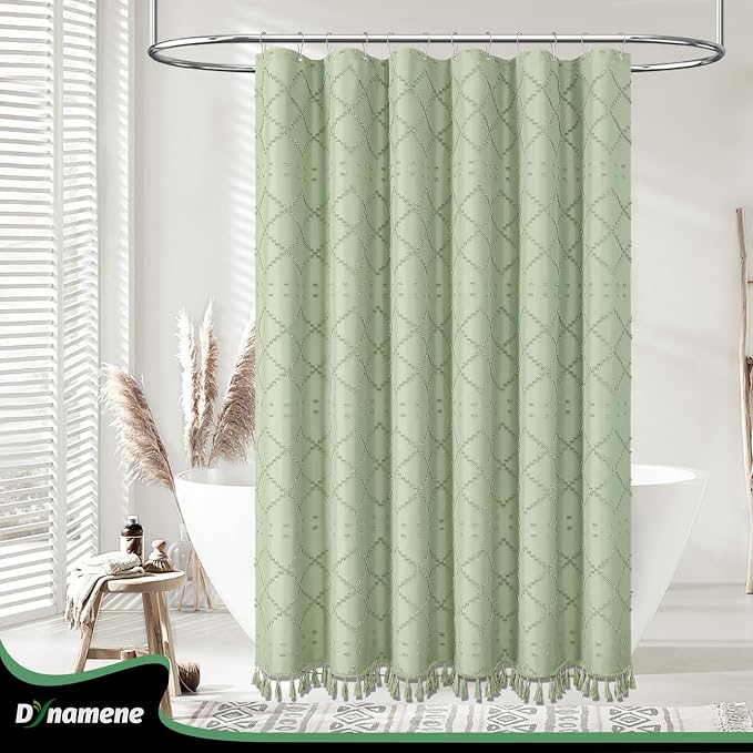Stall Boho Shower Curtain Tufted Geometric 54"x78" Sage Green | 54 x 78 inch Long, Elegant Tassel, Lightweight Textured Fabric, Water Repellent, Washable, for Narrow Bathroom/Dorm 10 Hooks