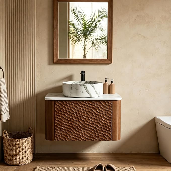 24 Inch Modern Bathroom Vanity with Ceramic Sink, Floating Bathroom Vanity Cabinet with Sintered Stone Top&Solid Wood Hammered Frame, Single Sink Bathroom Vanities w/Soft-Close Drawers,Walnut