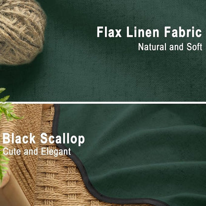 Scalloped Shower Curtain Linen Boho Flax Dark Green 72" W x 72" L | Linen Fabric, Black Border, Washable, Heavy Duty Cloth, Shower Curtain for Boho Farmhouse Bathroom Bathtub