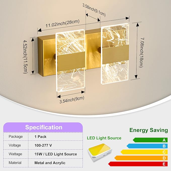 Modern LED Bathroom Light Fixtures Dimmable 2-Light Gold Vanity Light | 5CCT Adjustable Lighting, Smoked Acrylic LED Vanity Lights, Wall Sconces for Bathroom, Dimmable 6000K