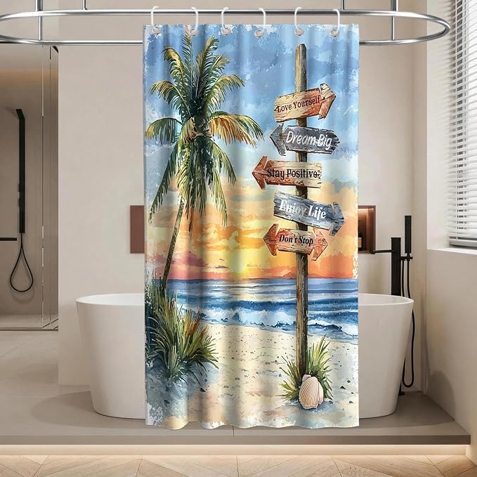 Beach Tropical Coastal Shower Curtain Luxury Aesthetic Palm Tree Summer Sun | Inspirational Shower Curtains for Bathroom, Waterproof Bath Curtain with Hooks Machine Washable Bathtub Curtains 36x72 Inch