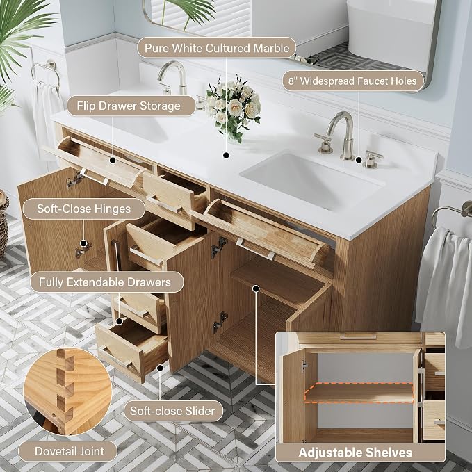 60-Inch Bathroom Vanity with Double Sinks W/ 4 Doors & 4 Drawers & 2 Flip Drawers, Oak Vanity W/Brushed Nickel Handles