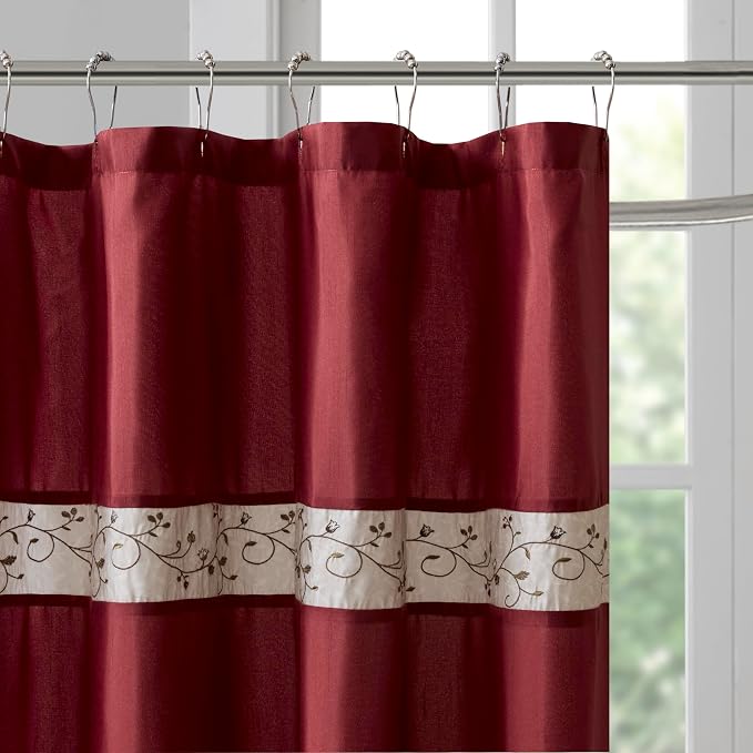Madison Park Serene Flora Fabric Shower Curtain, mbroidered Transitional Shower Curtains for Bathroom, 72" x 72", Red | Adds Privacy, Machine Washable, Floral Pattern, OEKO-TEX Certified