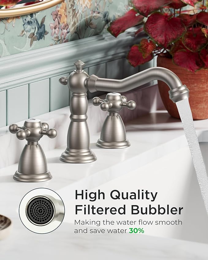 FORIOUS Brushed Nickel 3 Hole Bathroom Sink Faucets 2 Cross Handles, 8 Inch Widespread Antique Brass Viantage Bathroom Faucet for RV Vanity Farmhouse with Metal Pop Up Drain and Supply Lines