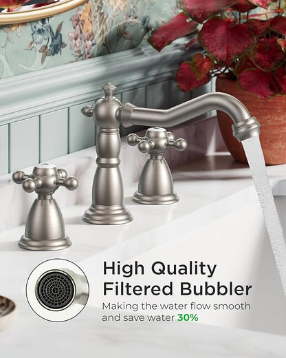 FORIOUS Brushed Nickel 3 Hole Bathroom Sink Faucets 2 Cross Handles, 8 Inch Widespread Antique Brass Viantage Bathroom Faucet for RV Vanity Farmhouse with Metal Pop Up Drain and Supply Lines