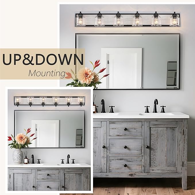Vanity Lights for Bathroom Large 48 inch, Farmhouse Rustic Vanity Light with Bubble Glass Shades, Gray 6 Light Bathroom Lighting Fixtures Over Mirror, Bath Wall Sconce Home Decor
