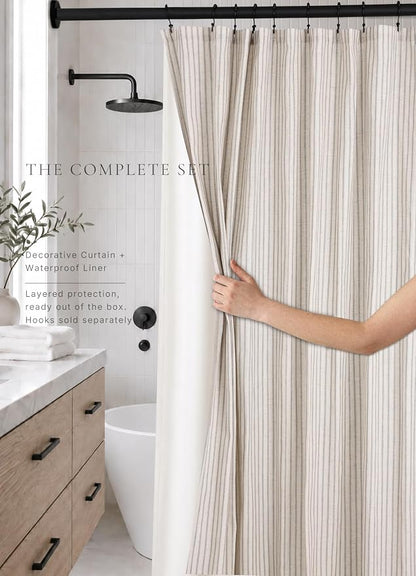 Farmhouse Striped Shower Curtain - Extra Long 72x84 Inches, Linen Blend Fabric, Breathable & Machine Washable, Rustic Sage for Bathroom Decor (Hooks/Liner Not Included)