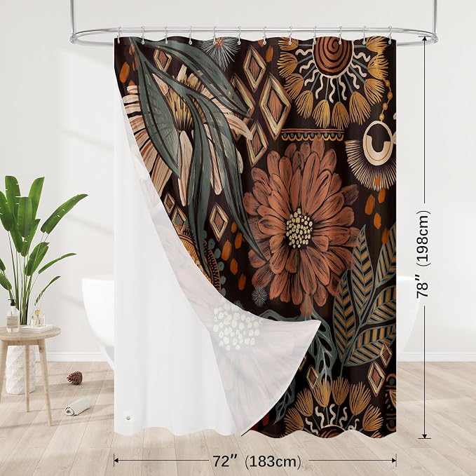 3 in 1 Dark Floral Shower Curtain Set with PEVA Liner & 12 Hooks, 72 x 78 | Boho Tropical Botanical Style, Farmhouse Floral Fabric, Modern Hotel Inspired, Water‑Repellent, Machine Washable