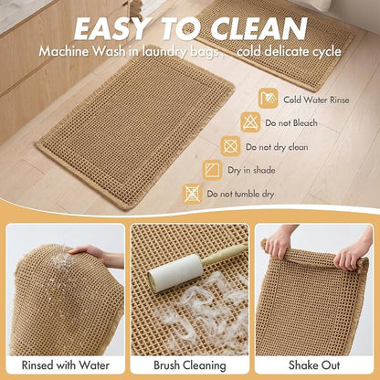MIULEE Set of 2 Waffle Bathroom Rugs Bordered Bath Mat Brown 18x30 Inch | Non Slip, Super Absorbent, Washable, Ultra Soft, Rubber Backed Bath Rugs for Bathroom Floor Tub and Shower, Boho Decor