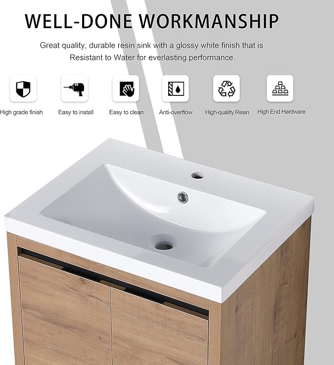 24 Inch Bathroom Vanity with Sink, 24" Floating Vanity, Premium Plywood Wooden Bathroom Cabinet with 2 Doors, Modern Wall Mounted Cabinet Set with White Ceramic Sink, Silent Operation (Oak)