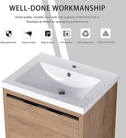 24 Inch Bathroom Vanity with Sink, 24" Floating Vanity, Premium Plywood Wooden Bathroom Cabinet with 2 Doors, Modern Wall Mounted Cabinet Set with White Ceramic Sink, Silent Operation (Oak)