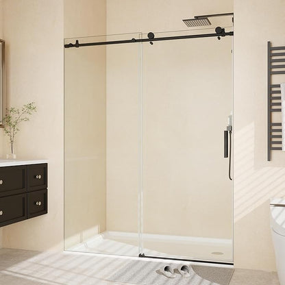 Sliding Shower Door 56-60 inch W×76 inch H, Stainless Steel Round Tube Track, 8mm Tempered Glass, One Fixed & One Sliding Panel, Matte Black Finish, Frameless Bathroom Door for Walk-in Shower