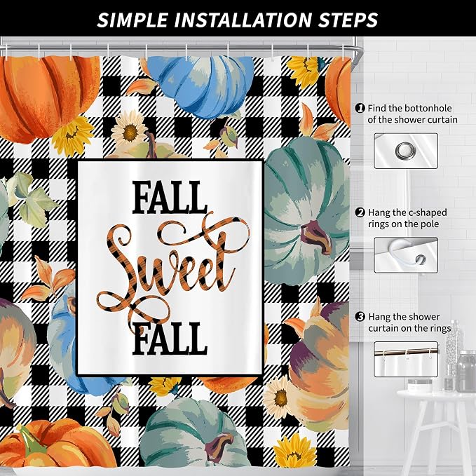 Fall Pumpkin Harvest Autumn Shower Curtain for Bathroom 72W*72H Inch Thanksgiving Rustic Black White Buffalo Plaid Maple Bathtub Autumnal Decor Waterproof Polyester Fabric Set with 12 Hooks
