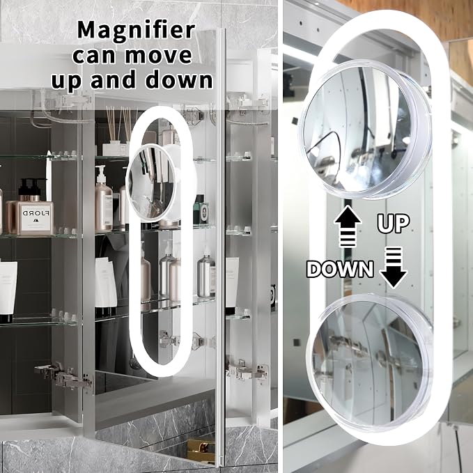 32x20 Lighted Medicine Cabinet with Mirror & Magnifier, LED Medicine Cabinet Mirror for Bathroom, Color Temp, Defogger, Front&Backlit, Built-in Outlets, Dimmable, Soft Close DTC Hinges, Left Opening