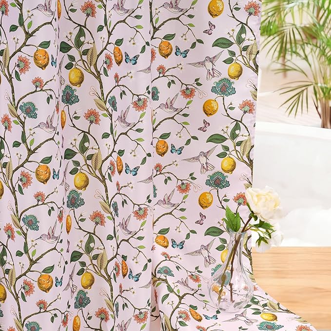 Pink Floral Bird Shower Curtain 72x72, Hummingbird and Lemon Botanical Fabric Bath Curtains, Lightweight Quick-Dry Bathroom Decor Set with Hooks