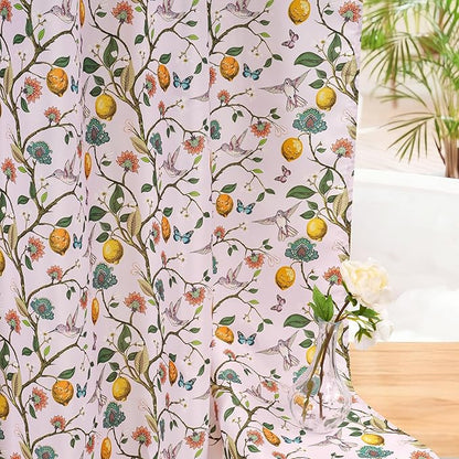 Pink Floral Bird Shower Curtain 72x72, Hummingbird and Lemon Botanical Fabric Bath Curtains, Lightweight Quick-Dry Bathroom Decor Set with Hooks