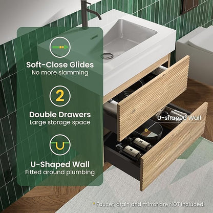 24 Inch Floating Bathroom Vanity with Sink, Modern Floating Bathroom Cabinet with 2 Soft-Closing Drawers, Large Storage for Powder Room, Apartment, Hotel, Rough Oak Finish, Fir Collection