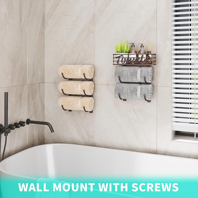 HapiRm Towel Racks for Bathroom Storage - 6 Tier Over The Door & Wall Mount Rolled Towel Storage Organizer Holder with Metal Shelf Basket for Small Bathroom, Camper, Rv - Bronze, Patented
