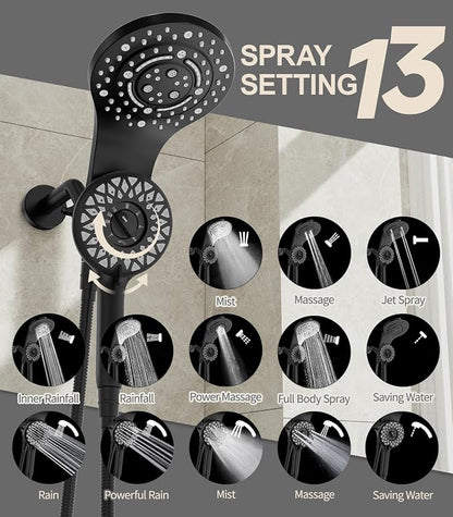 Dual Shower Heads with Handheld Spray Combo, High Pressure 2 in 1 Rainfall Shower Heads with 9 Spray Modes, Magnetic Double Showerhead-Black