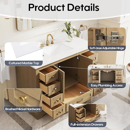 WELLFOR 48" Bathroom Vanity with Sink, Bathroom Freestanding Vanity W/ 2 Soft-Close Doors and 9 Soft-Close Drawers, Bathroom Cabinet Vanity with Cultured Marble Countertop (Oak)