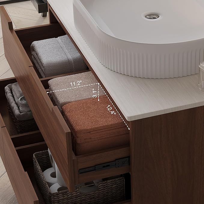 36 inch Bathroom Vanity with Sink and Countertop, Modern Freestanding Bathroom Vanity Cabinet with Oval Ceramic Vessel Sink, 4 Soft Closing Drawers, Adjustable Metal Legs, 2-in-1 Installation, Walnut