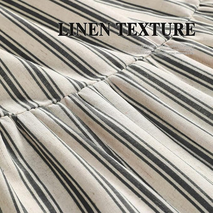 Farmhouse Shower Curtain Ruffle Linen Cream-Black Stripe 72"W x 75"L | Farmhouse Boho, Striped, Bottom Ruffle, Linen Fabric, Rustic, Country, Natural Look, Washable, for Bathroom Bathtub