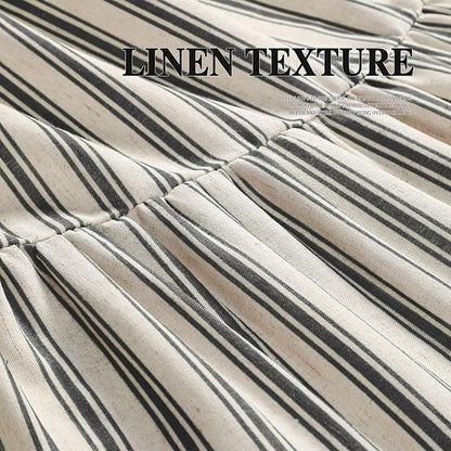 Farmhouse Shower Curtain Ruffle Linen Cream-Black Stripe 72"W x 84"L | Farmhouse Boho, Striped, Bottom Ruffle, Linen Fabric, Rustic, Country, Natural Look, Washable, for Bathroom Bathtub