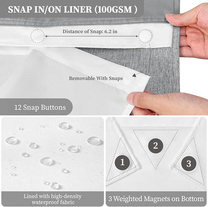 Grey Ringless Linen Textured Shower Curtain with Snap in Liner, 72x75 | 3 in 1 Hotel Shower Curtain Set, Removable Liner, Waterproof & Washable, Mesh Top Window, Durable Fabric, Easy to Install