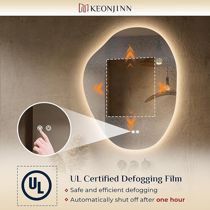 Keonjinn Irregular Backlit Mirror 24 x 30 Inch, Asymmetrical LED Bathroom Mirror with HD Tempered Glass, UL-Listed LED Driver, Stepless Dimmable with 3 Colors, Safe Defogging(Horizontal/Vertical)