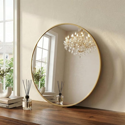 24 Inch Gold Round Bathroom Wall Mirror, Round Mirrors for Wall Decor, Circle Mirror for with HD Shatter-Proof Glass for Entryway, Living Room, Bedroom, Dressing Room, Home Decor