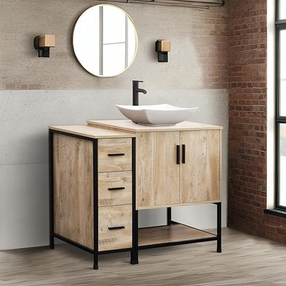 UEV 42" Rustic Oak Bathroom Vanity with Sink Combo,Industrial Iron Frame Bathroom Cabinet Sets with 3 Drawers Side Cabinet,Modern Artistic Ceramic Vessel Sink(032WH)