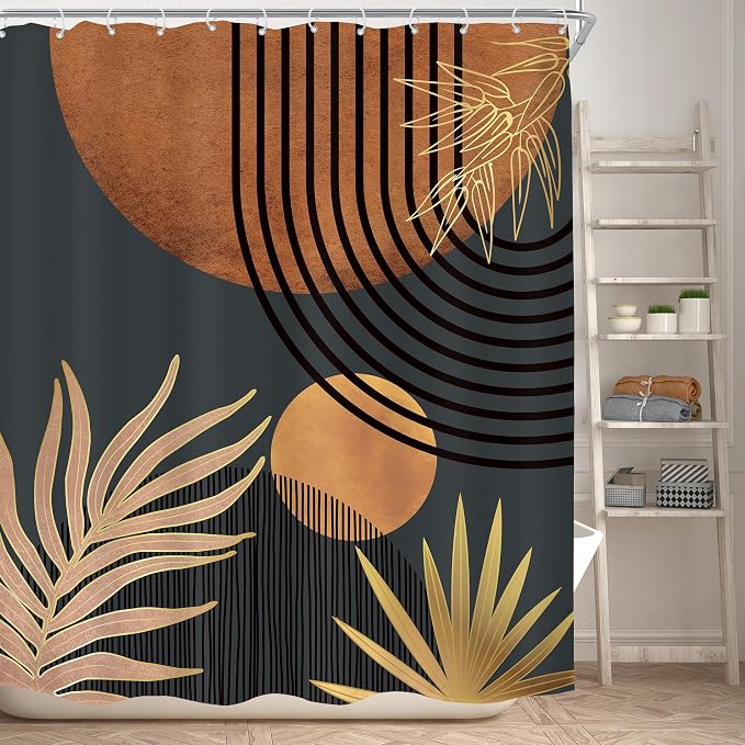 Mid Century Brown Black Boho Abstract Modern Bathroom Shower Curtain Set | 60Wx72L Plant Botanical design, waterproof HD print with fast-drying fabric and 12 hooks.