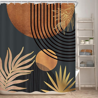 Mid Century Brown Black Boho Abstract Modern Bathroom Shower Curtain Set | 60Wx72L Plant Botanical design, waterproof HD print with fast-drying fabric and 12 hooks.