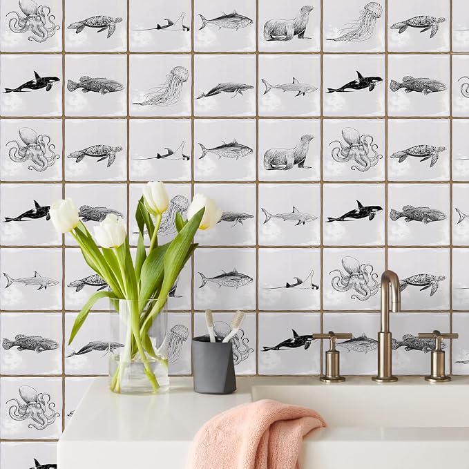 Alwayspon Vinyl Sticker Peel and Stick, Self-Adhesive Wall Tile Transfers Backsplash Sticker Decal for Kitchen Bathroom, 6x6inch/15x15cm 30Pcs, Marine Lives T034