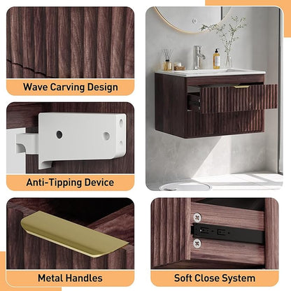 24 Inch Floating Bathroom Vanity with Sink, Bathroom Wall Cabinet with 2 Fluted Drawers & Metal Handle, Wall Mounted Cabinet for Bathrooms (Brown, 24 inch, with Sink)