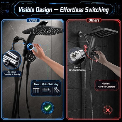 Veken 14" Luxurious Shower Head with Handheld,Full Body Coverage,Power Wash | Magnetic Hand Held,Best Dual Rain Shower Heads Combo,Large Rainfall,Double Detachable Showerhead,Ducha Para Baño,Matte Black