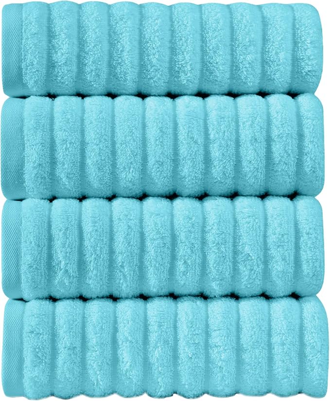 Elegant Comfort Luxury 100% Turkish Cotton Corduroy Ribbed 4 Pack Hand Towel Set 16 x 28 Inch - Absorbent, Super Soft, Quick Dry, Premium Towels for Bathroom, Gym, Spa and Hotel Use, Aqua