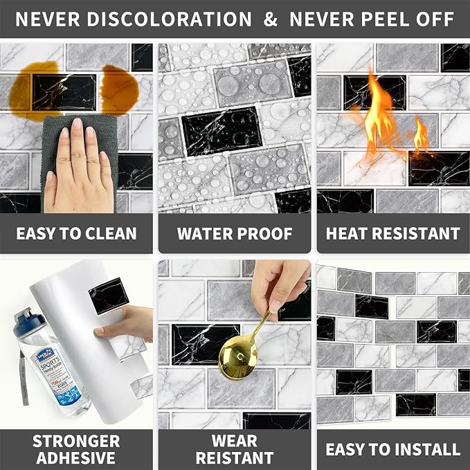URCOLOR 10-Sheet Peel and Stick Backsplash Tile Sticker for Kitchen,12"x12" Self Adhesive Subway Wall Tiles Stick on Back Splashes for Bathroom White Gray Black White Marble Design