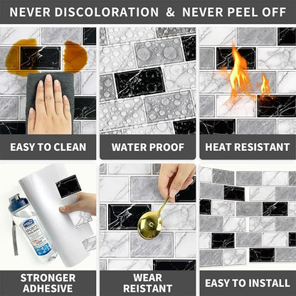 URCOLOR 10-Sheet Peel and Stick Backsplash Tile Sticker for Kitchen,12"x12" Self Adhesive Subway Wall Tiles Stick on Back Splashes for Bathroom White Gray Black White Marble Design