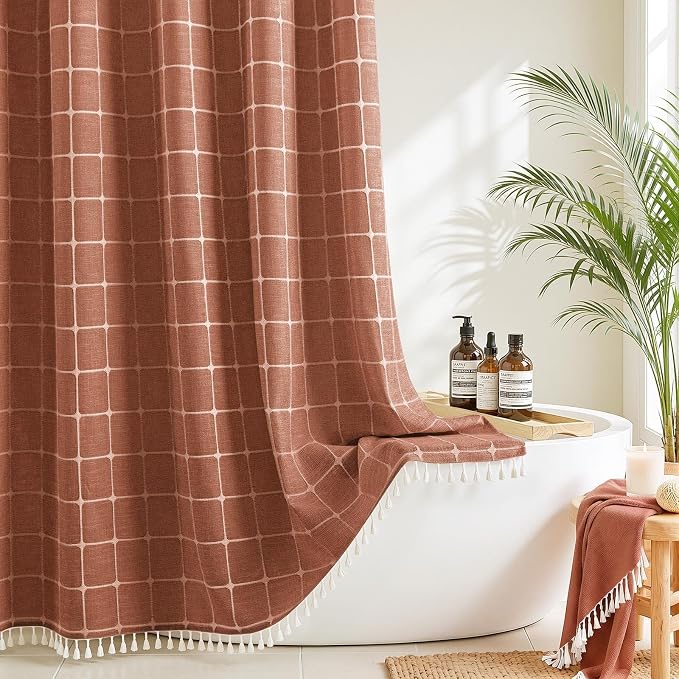 RiverDream Farmhouse No Hook Shower Curtain with Snap-in Liner,Orange,71x74 | Snap on Fabric Liner,Heavy Duty,Quick Dry,Mesh Top Window,With Bottom Magnets,Washable,with Tassels,Standard Size