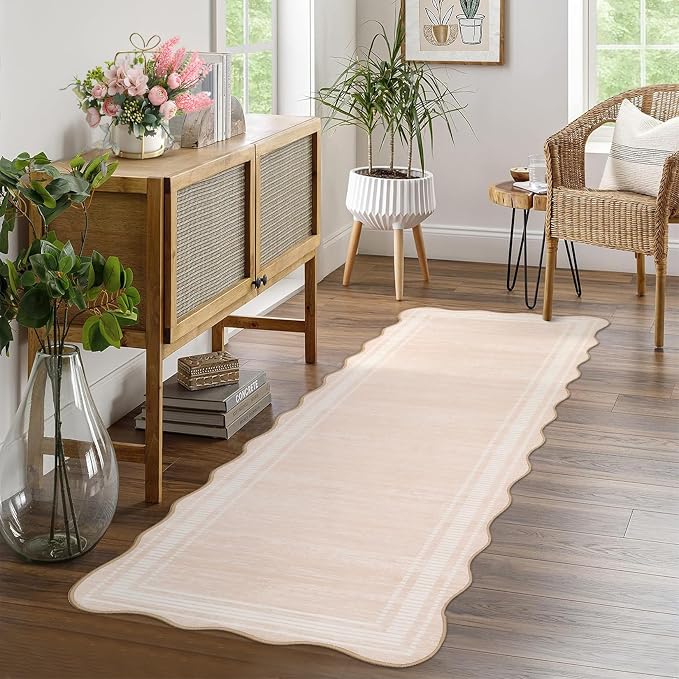 Garvee Washable Runner Rug 2x6 Solid Scalloped Kitchen Runner Natural Ivory | Modern Long Runner Rug for Entryway Bedroom, Non Slip Low Pile Solid Runner Rugs for Entryway, Nursery Rugs Runner